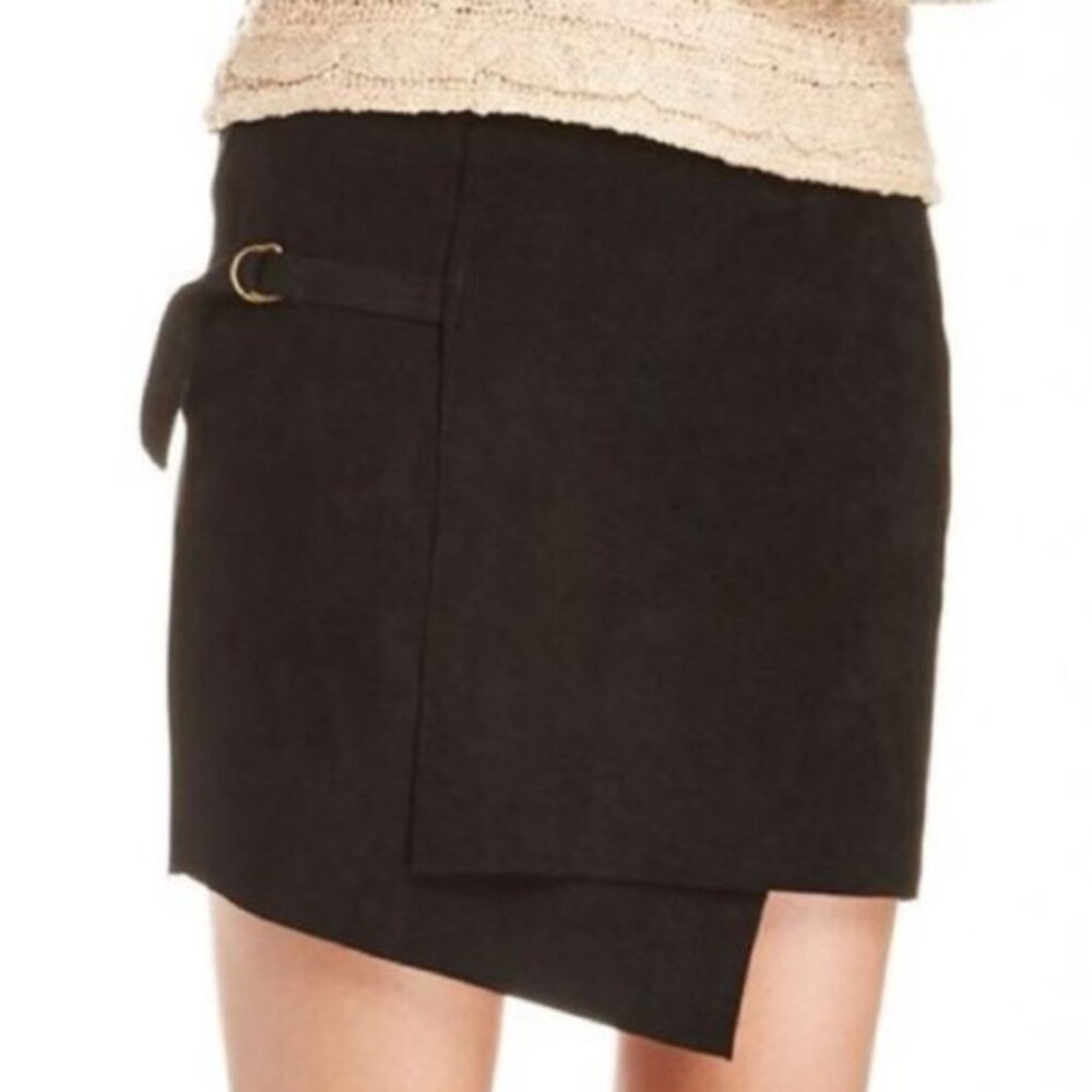 J.O.A. Black Faux Suede Wrap Mini Skirt Side Buckle Asymmetrical Hem M